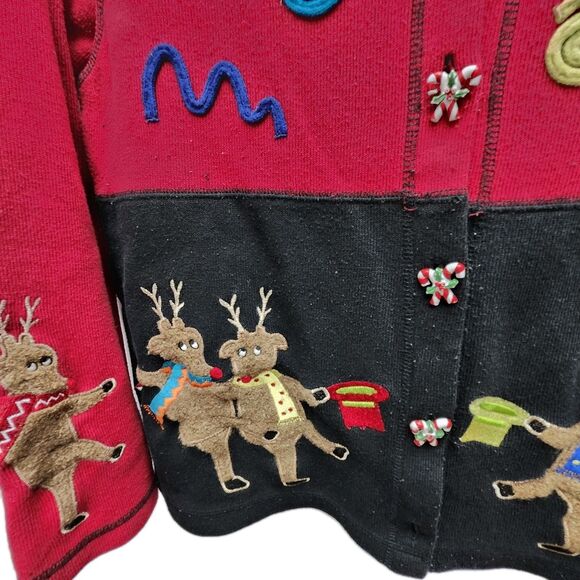 Onque Casuals Christmas Sweater Cardigan Womens Large Reindeer Candy Cane Button - Picture 5 of 11
